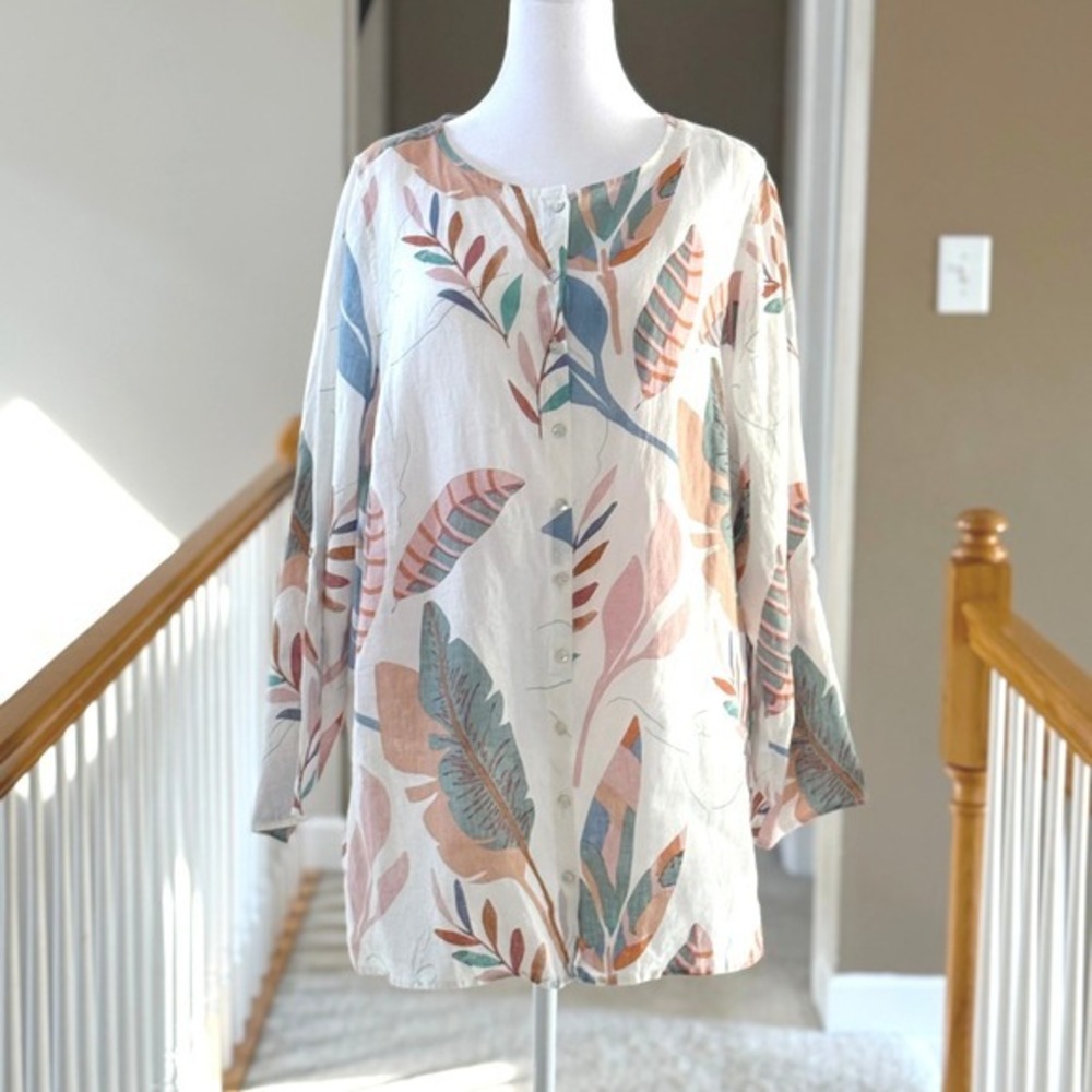 Cynthia Rowley 100% Linen Tropical Leaf Print Button Down Tunic Top Womens 1X